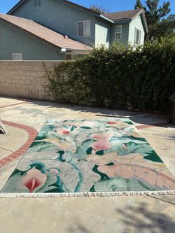 80s Vintage Postmodern Botanical Calla Lily Chinese Art Deco Rug