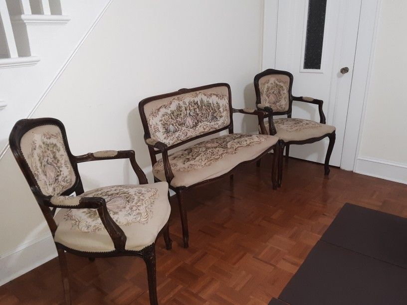 Chateau D'ax French Provincial Tapestry Settee Sofa and two armchairs chairs