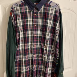 Vintage 90s Tommy Hilfiger Men’s Plaid Colorblock Cotton Button-Down Long-Sleeve Shirt; Size XL
