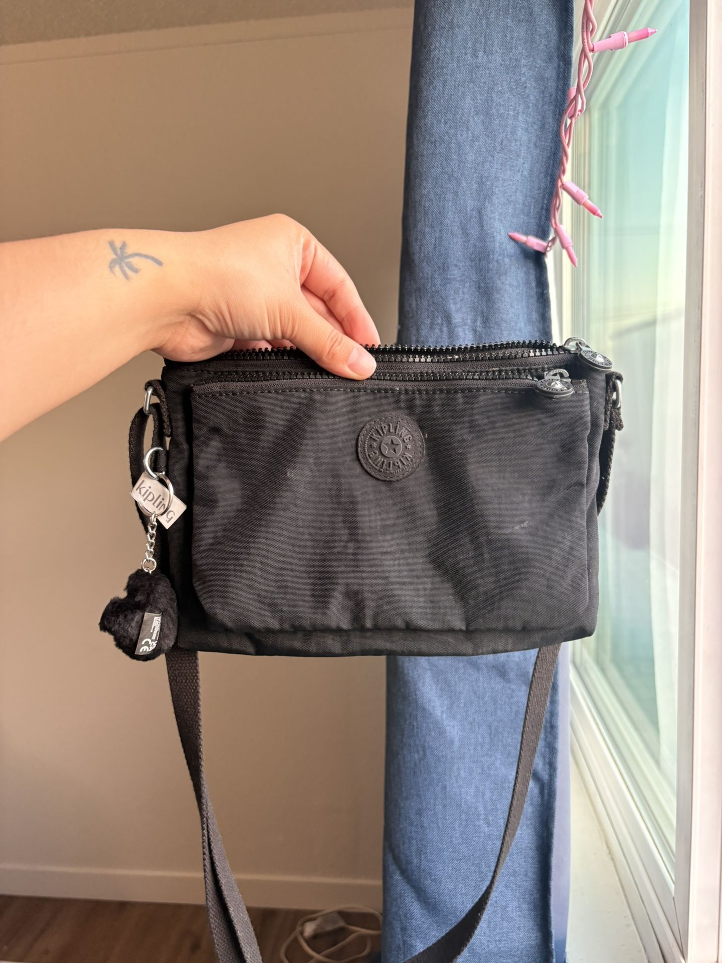 Kipling Black Crossbody Bag w/ Monkey Charm – Lightweight Travel Purse