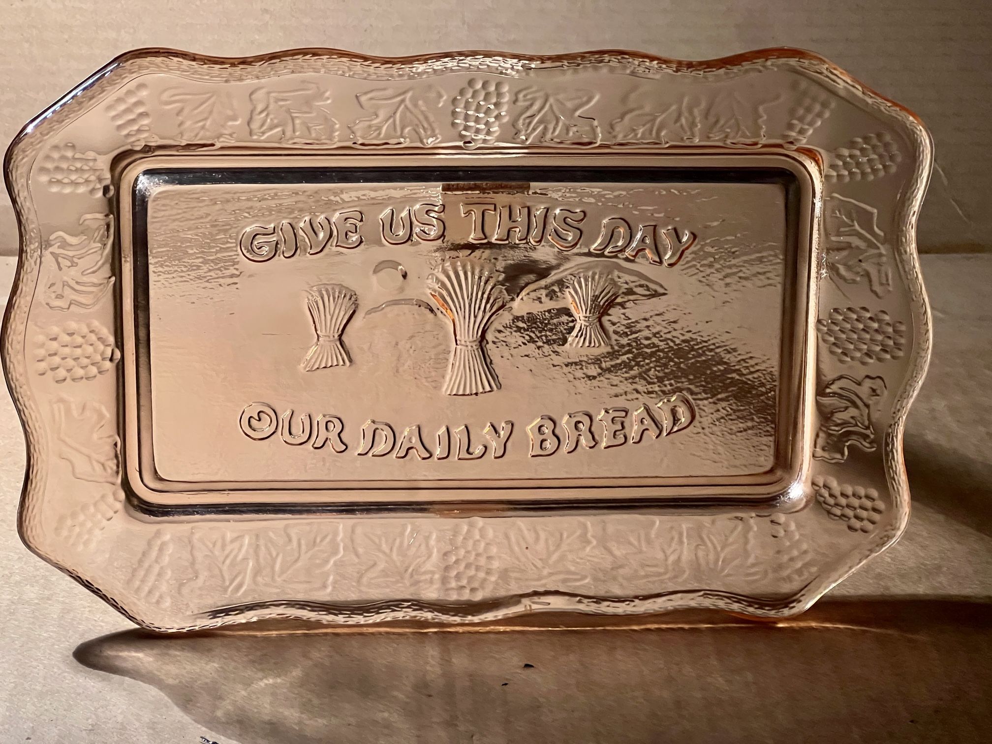 Tiara Blush Glass Plate - Give Us This Day Our Daily Bread