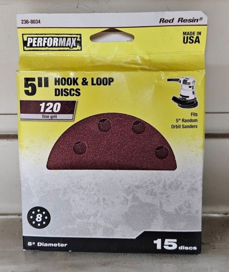 New
Performax
120 Grit
8-Hole
Hook & Loop
Sanding Disc
5",
15 Disc Pack
