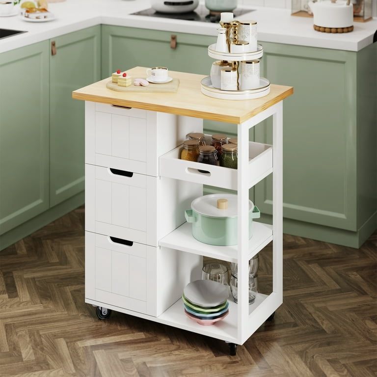 New Kitchen Island, Rolling Kitchen Storage Cart with 3 drawers 3 Level Open Wooden shelving Counter tops  New in box SHX52 The Kitchen Island is a gr