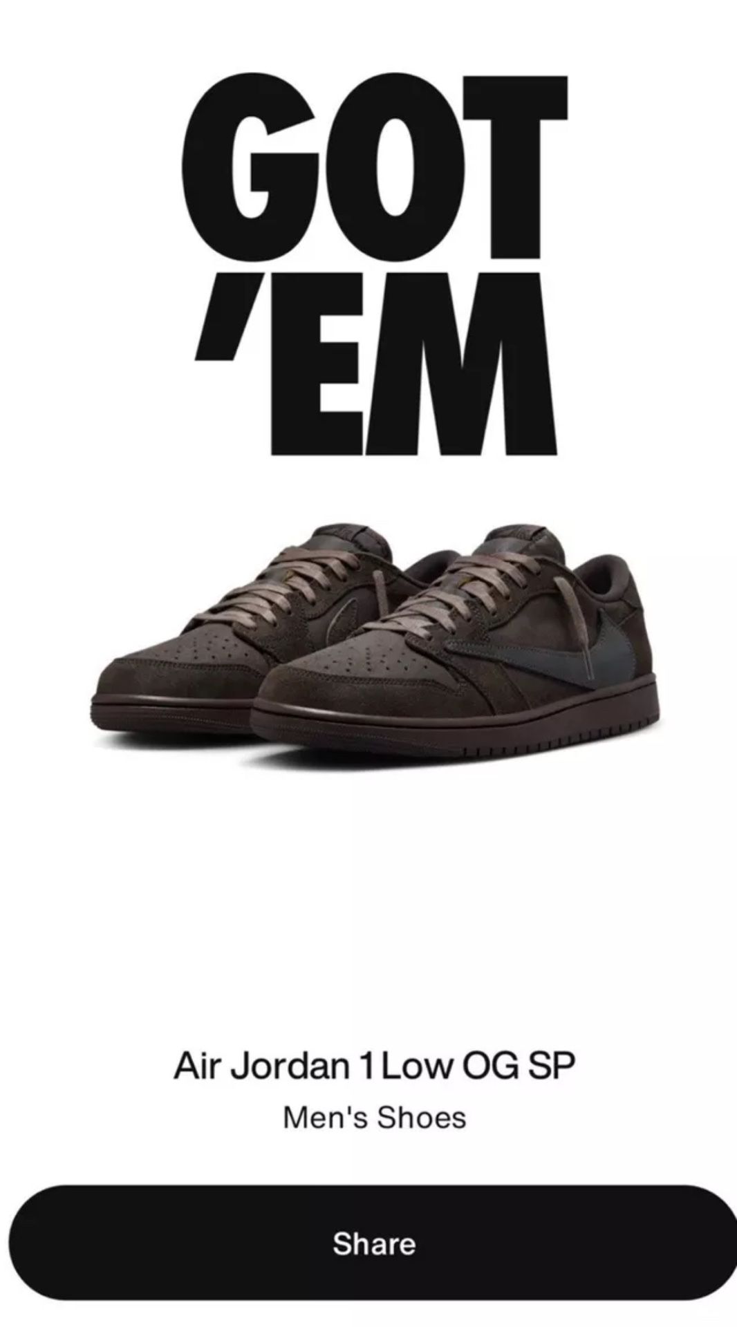Nike Jordan 1 OG Low SP x Travis Scott Velvet Brown Size 13US