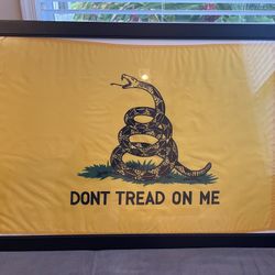 Framed Don't Tread On Me Flag |  Cloth Embroidered Flag in Real Custom Wood Frame | Size: 27L X 39W