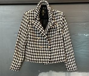 House of Harlow 1960 Houndstooth Blk/White Plaid Wool Blend Tweed Blazer Med