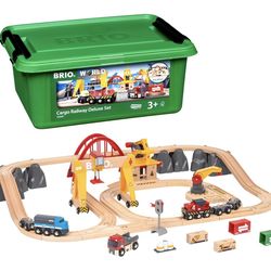 BRIO World Cargo Railway Deluxe - Wooden Track Train Set - Battery-Powered Engine, 3 Cranes, Bridge, Truck - Kids Ages 3+ - Compatible with All Wooden