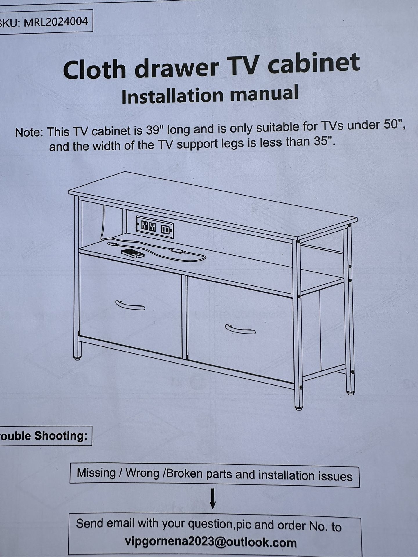 New 39” TV stand with two drawers, outlets, and LED lighting with remote. For TVs up to 50”