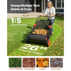109} Push Lawn Sweeper, 26 in Leaf & Grass Collector with 7 cu. ft. Hopper Bag, Adjustable Brush Height & Spinning Brushes, Heavy Duty Yard Sweeper wi