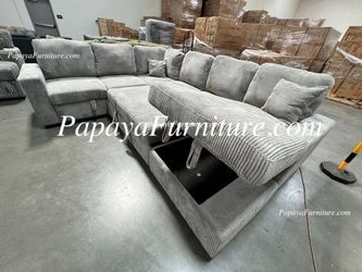 NEW LARGE U Shape Sectional Sofa and Pullout Sleeper Bed and Storage Chaise Lounge Light Grey Fabric Big SALE Discount Ashley Style Designer's Choice