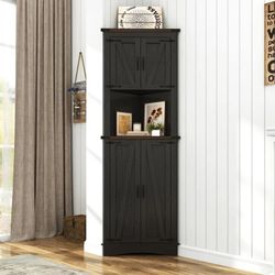 Farmhouse 68" Tall Corner Cabinet w/4 Barn Doors, 5 Tier Bookcase Storage Cabinet with Adjustable Shelves, Corner Storage Cabinet for Bathroom,Living 