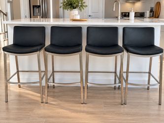 Set of 4 Modern Bar Stools – Black Leather-Look & Stainless Steel