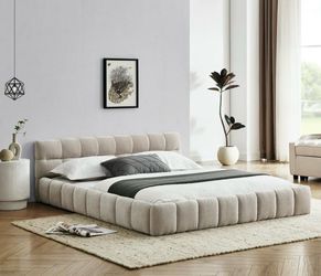 Queen Size Beige Upholstered Platform Bed Frame – Like New