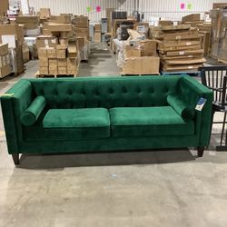 Miah 34 in. Green Velvet 3-Seater Tuxedo Sofa with Removable Cushions