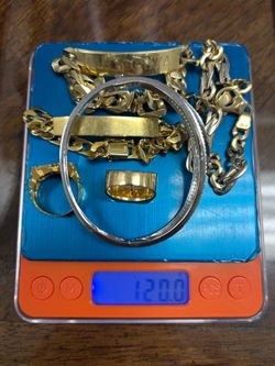 14k solid gold 2 men ID bracelet 1 men bracelet, 1 ladies bangle white gold 2 ring total 120 grams $83 per grams firm.