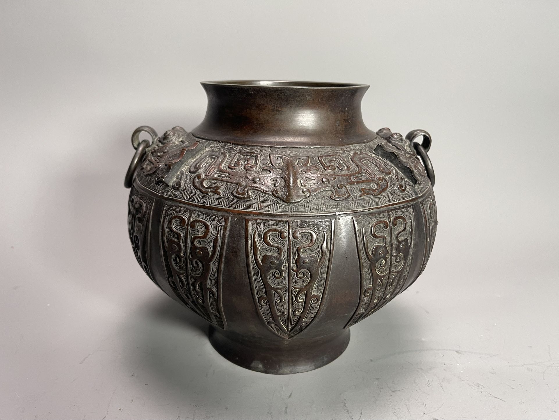 Vintage Chinese Bronze Two-Handle Vase. Archaic Form, Marked