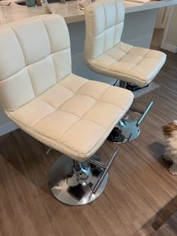 White Tufted Bar Stools with Chrome Base – Set of 2