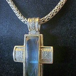 Konstantino Men Sterling Silver 18K Gold Cross Pendant Hawk's Eye Retail $1450 Gorgeous