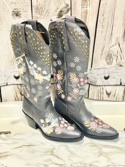 Poppy Floral Snip Toe Cowboy Boots Sz 6.5M