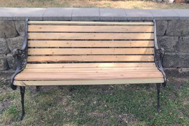Wooden Bench with Iron Armrests