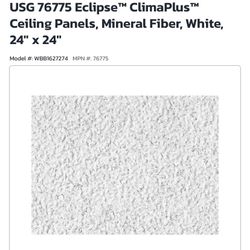 USG 76775 Eclipse™ ClimaPlus™ Ceiling Panels, Mineral Fiber, White, 24" x 24"