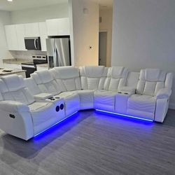 White Sectional Leather Recliner Sofa LED New 