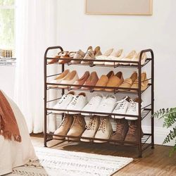 4 Tier Metal Shoes Rack Storage Shelf, Holds up to 20 Pairs Shoes, Stackable ，Adjustable Slanted Shelves Tower Organizer，Bronze