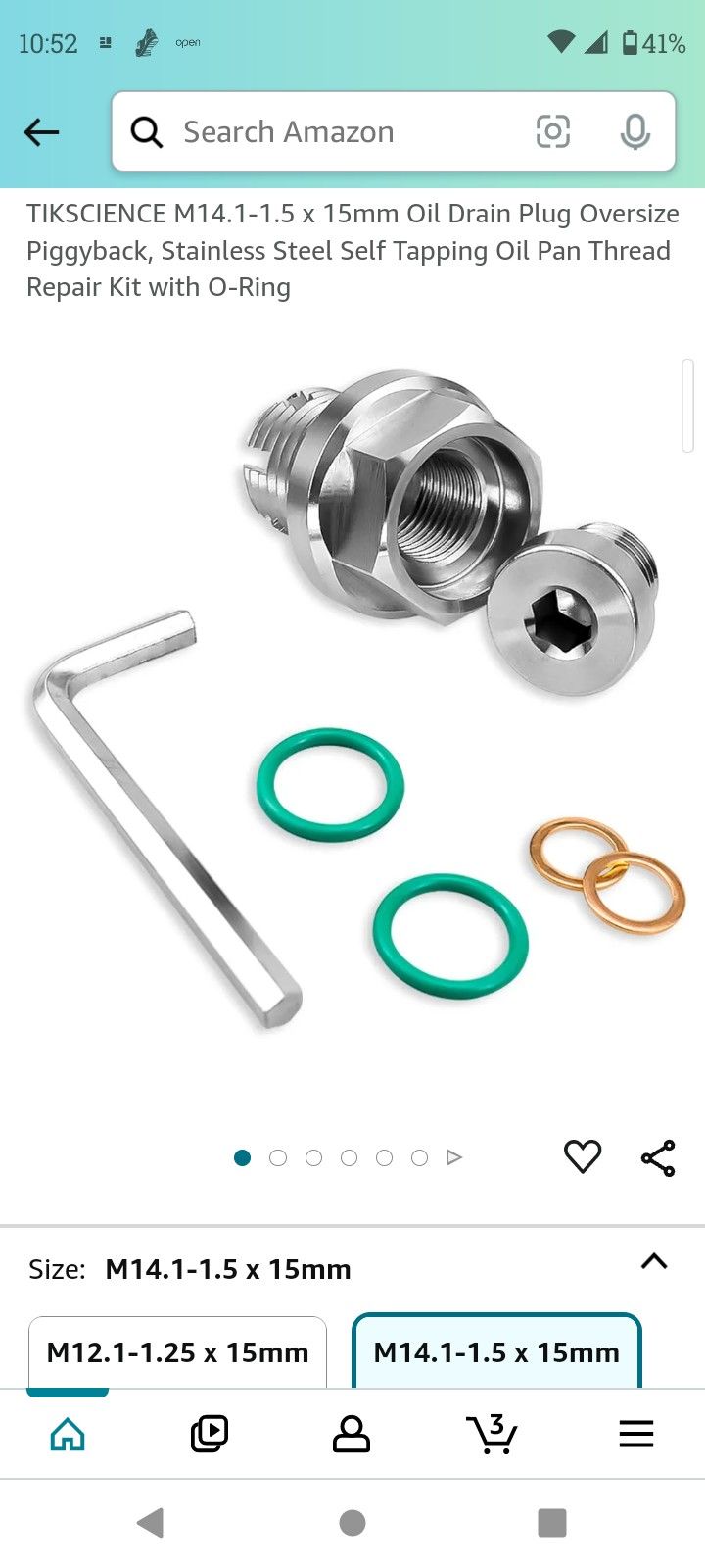 M14.1-1.5 x 15mm Oil Drain Plug Oversize Piggyback, Stainless Steel Self Tapping