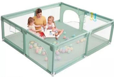 GOTGELIF 79"x79" 4-Panel Baby Playpen Spacious & Secure Portable Playard Green.