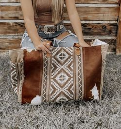 AUTHENTIC MYRA BAG XL BROWN COWHIDE SOUTHWESTERN GENUINE LEATHER WEEKENDER OVERNIGHT TRAVEL TOTE LARGE CARRYALL DUFFEL BAG