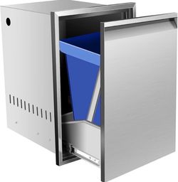 Integrated trash drawer with recessed handle, removable tray, stainless steel bottom sliding rails for outdoor kitchen, barbecue, grill island, grill 
