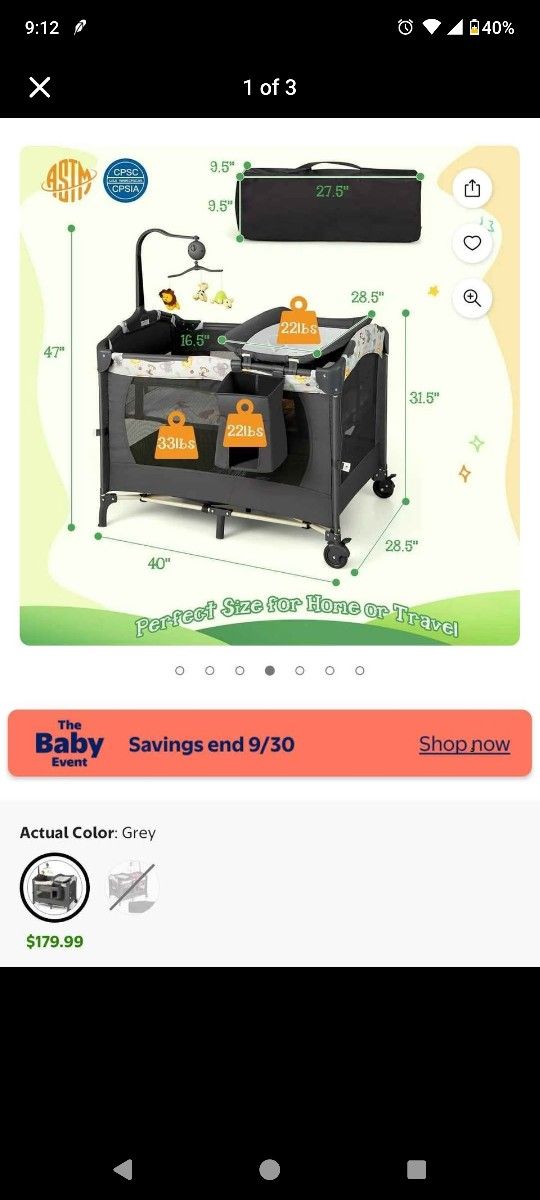 Pack and Play with Changing Table & Carry Bag, 4-in-1 Portable Crib Playpen for Newborn to Toddler, Foldable Travel Crib with Bassinet