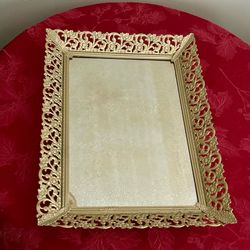 Vintage Vanity Mirrored Tray — Hollywood Regency — Ornate Detail Design — 14.5"