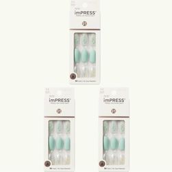 3 Of KISS Products imPRESS Press-On Manicure Medium Almond Fake Nails - Evergreen - 30 ct