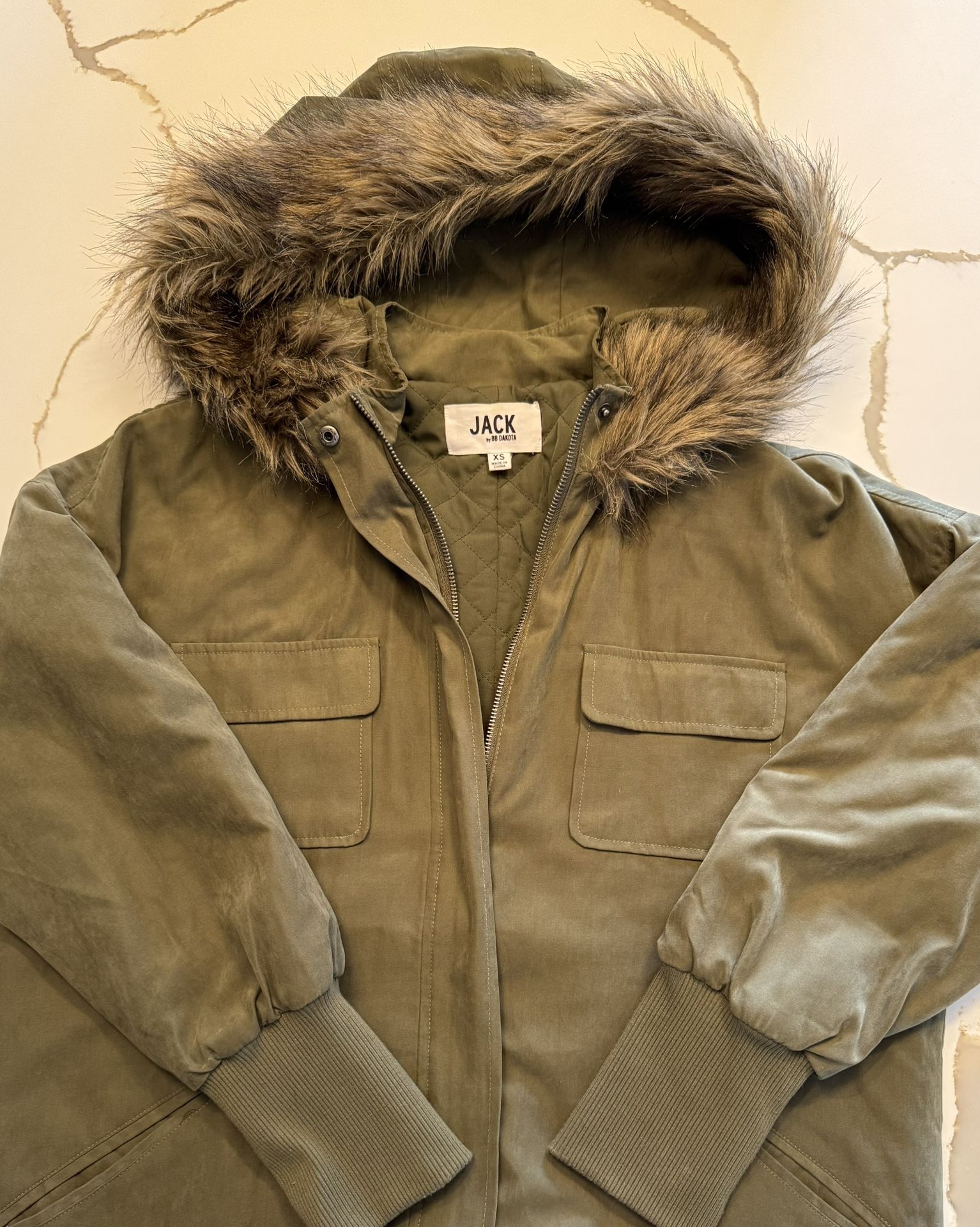 Jack By BB Dakota Olive Green Parka with Faux Fur Hood - SZ XS