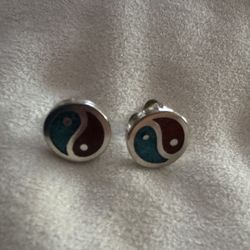 Vintage Native American Sterling Turquoise & Coral Yin Yang Stud Earrings 