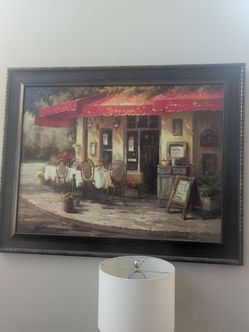 Framed French Café Street Scene Painting 57" x 45"