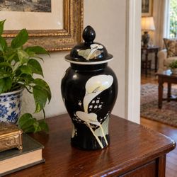 Vintage Black Floral Ginger Jar Urn with Lid Asian Chinoiserie Ceramic Decor