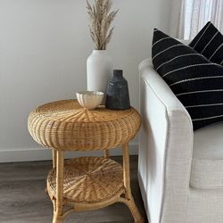 Vintage Wicker Two Tier Round end table, Side Table, Plant Stand