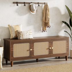New assembled Storage Bench with Rattan Doors, 2-Tier Shoe Bench with Lift Top, 55" Wooden Large Shoe Storage Furniture with Hidden Compartment and Se