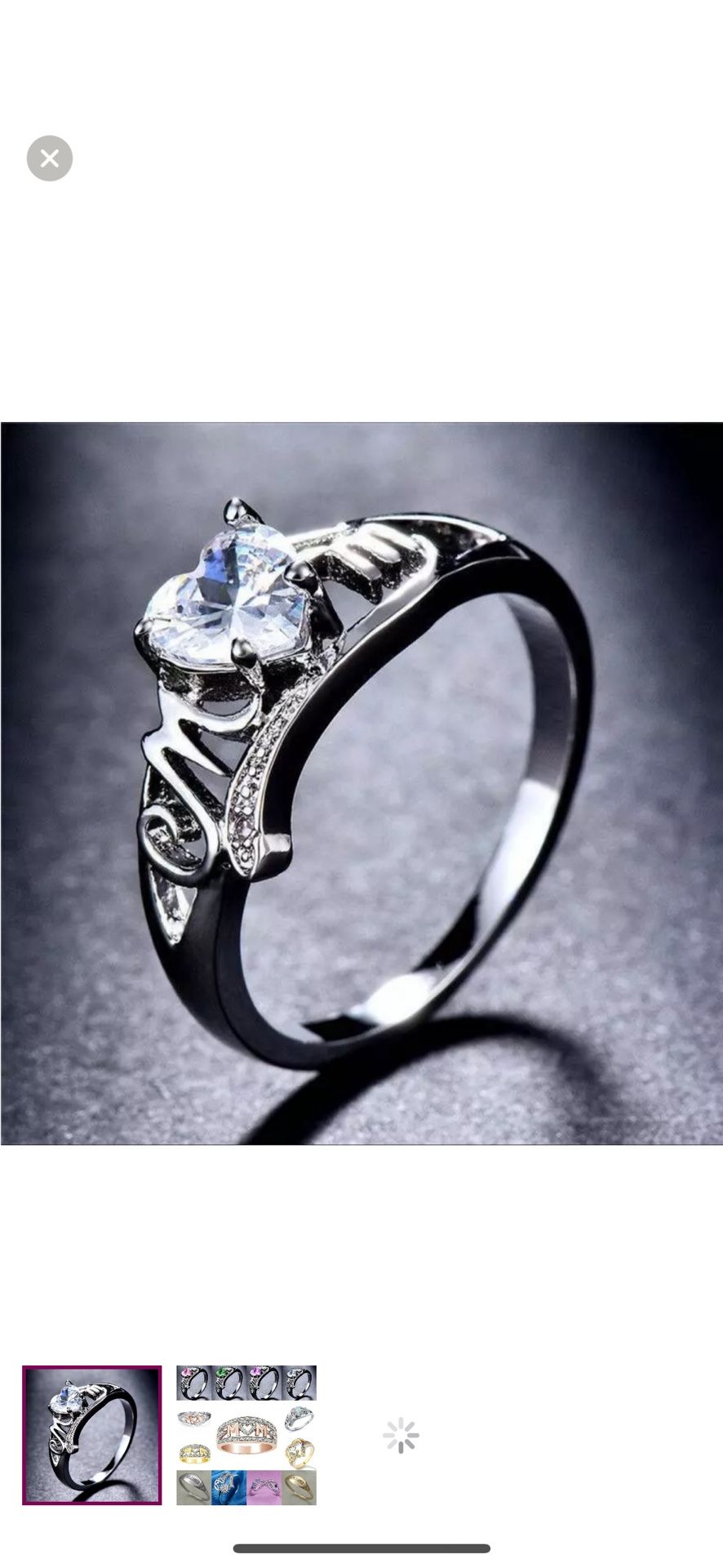 White Heart Crystal Silver MOM Mothers Day Ring
