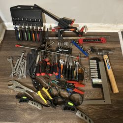 Lot of tools, Drill, Circular Saw, Tool bag,  Dremel, Sockets, Drill bits, Screws, Bolts, and more