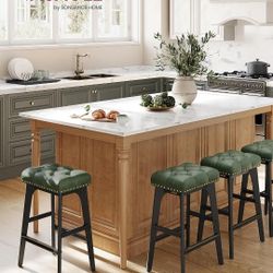 Bar Stools Set of 4 Saddle Counter Height Bar Stools, 26-Inch Backless Kitchen Stools with Wood Legs, PU Leather Thickened Upholstered Barstools for 