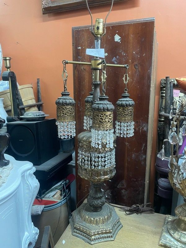 Antique Large Gold Crystal Hollywood Regency Lamp