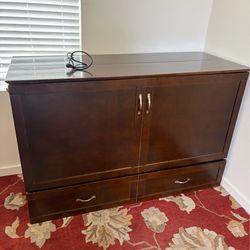 Hamilton Full Walnut Murphy Bed Chest with Folding Mattress Built-in Charging Station and Storage Drawer