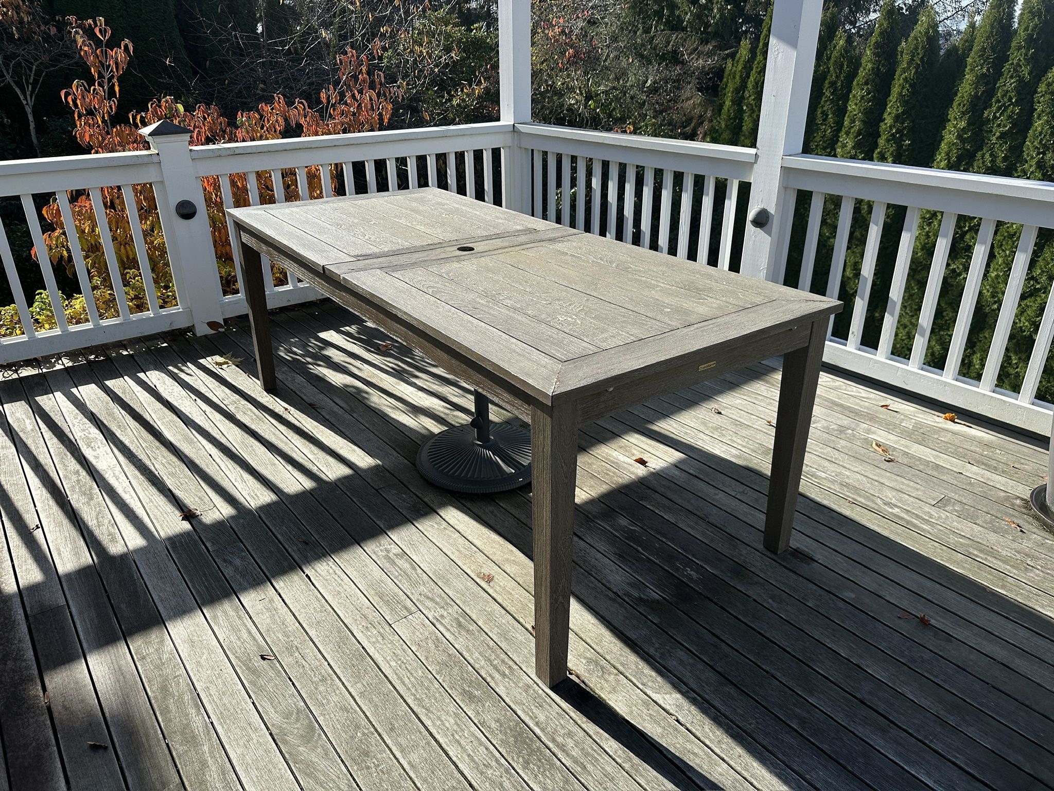 Crate and Barrel Extendable Teak Table and 10 Chairs (with White Cushions)
