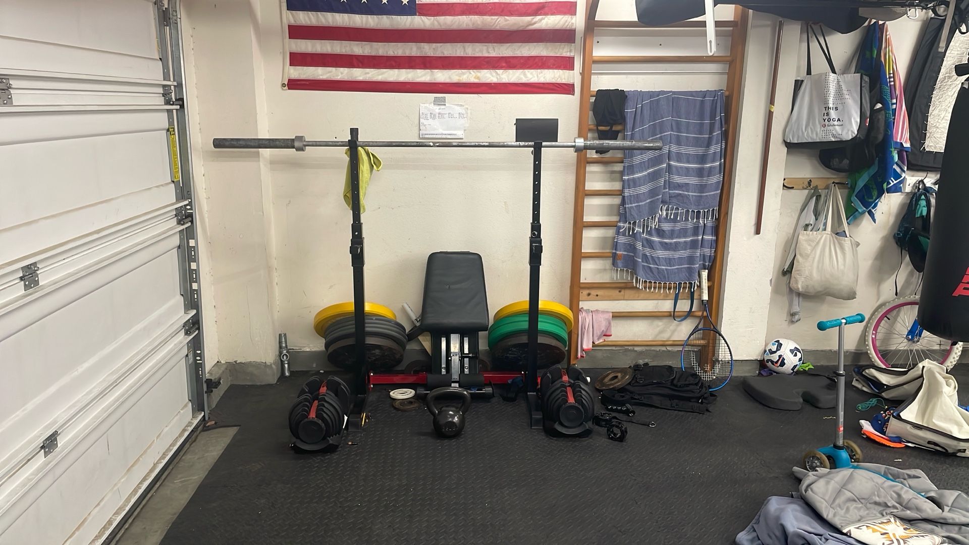 Garage Gym Setup (Olympic barbell, Adjustable Bench, Power Rack, Bumper Plates, Kettlebell)
