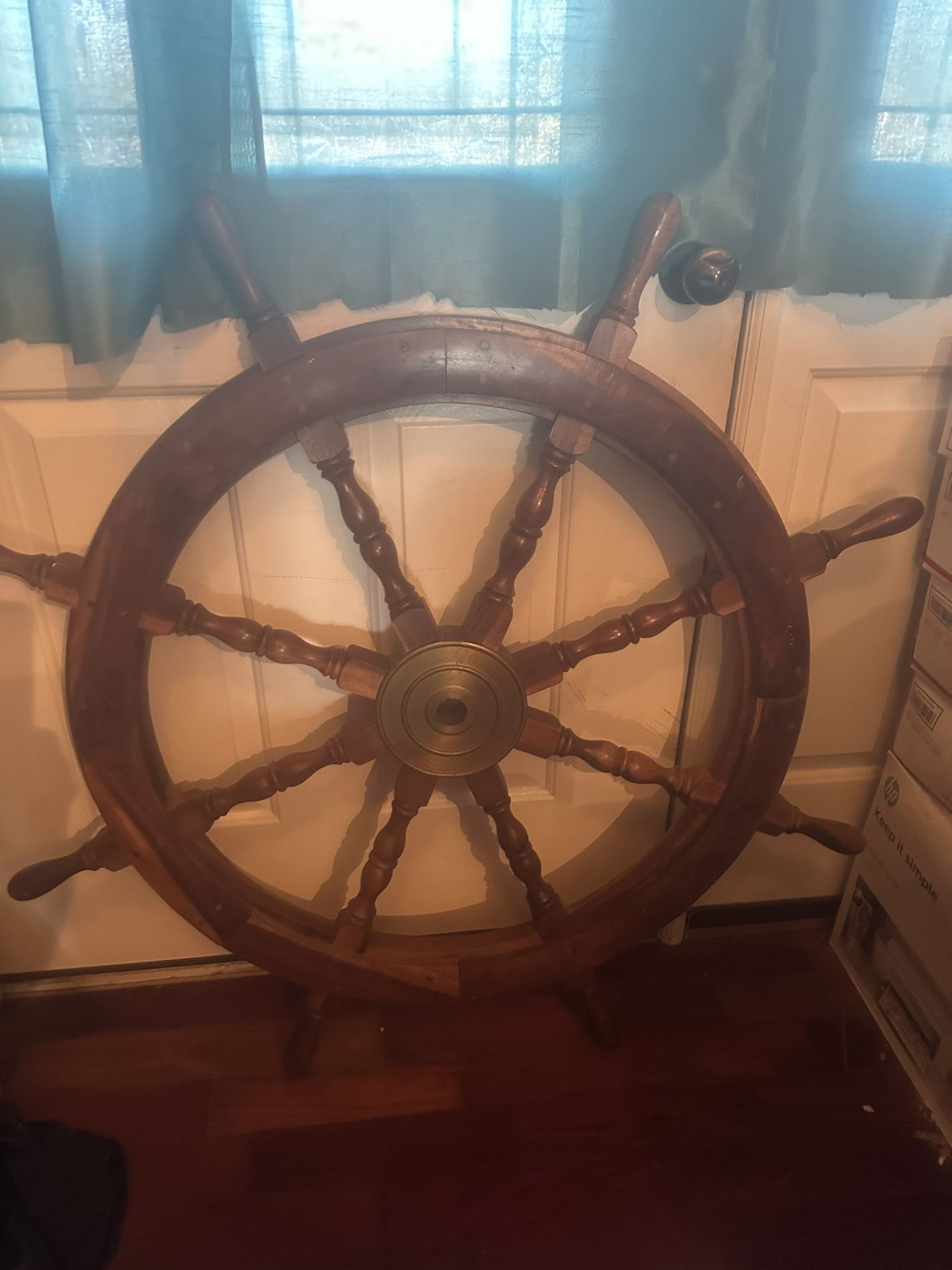 Antique Solid Wood/ Brass Ship Wheel Heavy