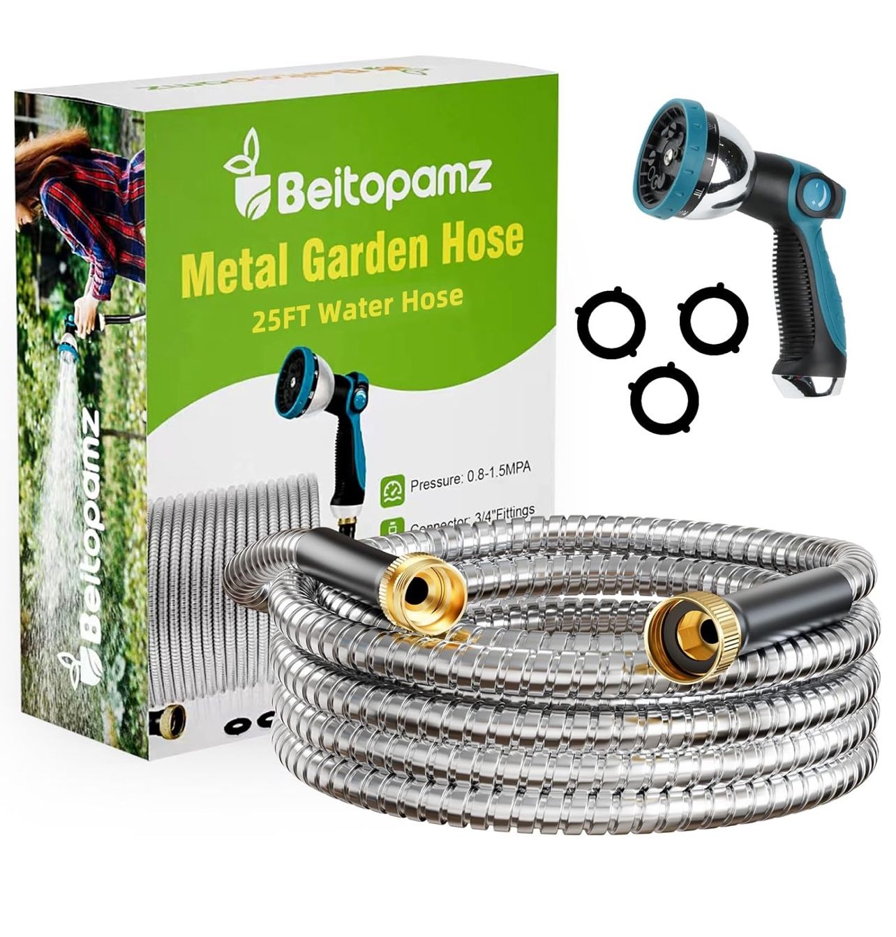 Beitopamz Garden Hose 25 ft, Stainless Steel Metal Water Hose 25 Feet with Nozzle, Flexible, Rust Proof, No-Kink, Heavy Duty, Leakproof 3/4 in Fitting