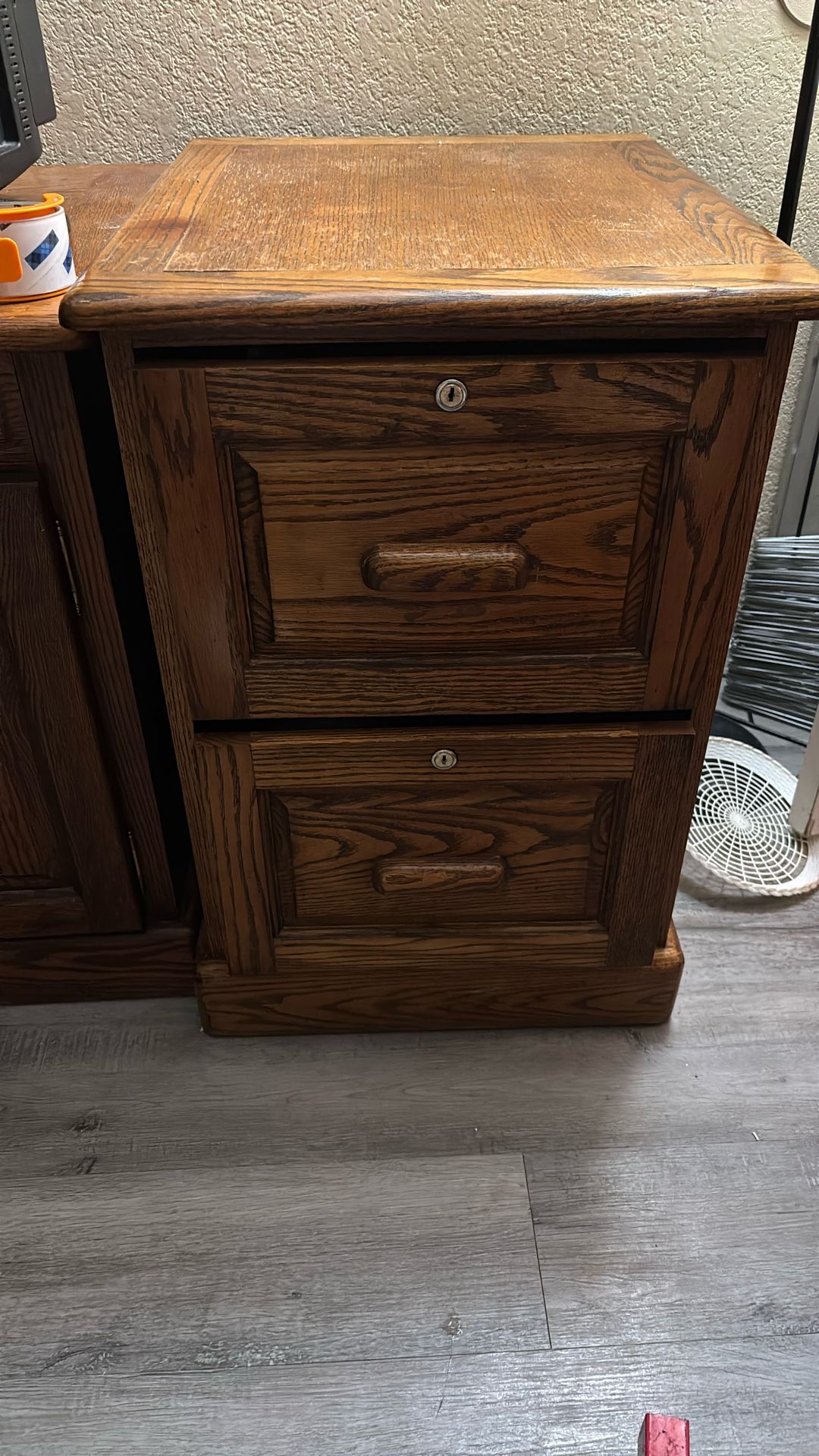 Oak Office Desk And Matching Filing Cabinet (w/keys)